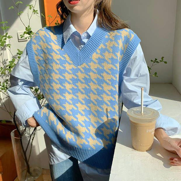 Casual Houndstooth Pattern Knitted Vest Sweater – Nada Outfit Land