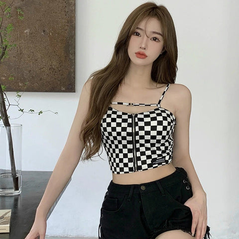 Sexy Exposed Plaid Zipper Crop Tops