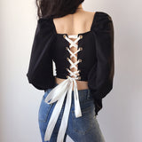 Belted Back Hollow Out Long Sleeve Square Collar Crop Tops