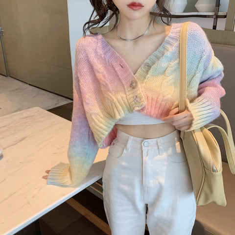 Cropped Rainbow Colors Knitted Cardigan Sweater