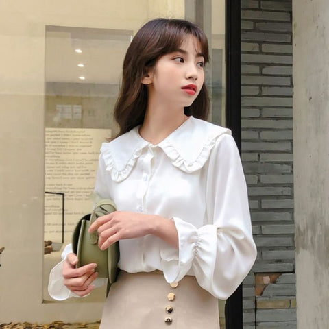 Elegant Doll Collar Solid Blouse Shirt