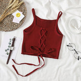 Solid Knitted Backless Tie Camis Crop Tops