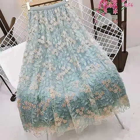 Flowers Embroidered Tulle Transparent Long Skirt
