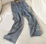 High Waist Stars Embroidered Long Jeans Pants