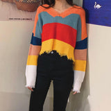 V-Neck Colorful Striped Tassel Sweater