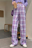 High Waist Cute Purple Plaid Long Pants