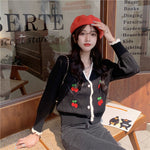 V-Neck Elegant Cherry Pattern Cardigan Sweater