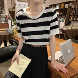Short Sleeve Hollow Style Striped Shirts