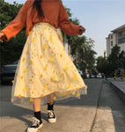 High Waist Mesh Lace Flower Long Skirt