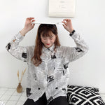 Newspaper Printed Turn Down Collar Blouse Shirt