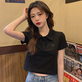 Love Embroidery Polo Collar Crop Tops