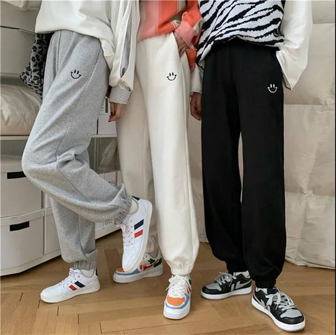 High Waist Smiley Embroidery Jogger Sweatpants