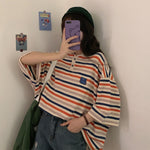 Fun Striped Loose Style Polo Collar Shirt