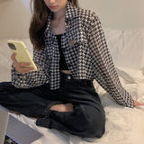 Long Sleeve Houndstooth Pattern Cropped Shirt