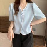 Casual Sweet Lace V-Neck Short Sleeve Blouse Shirt
