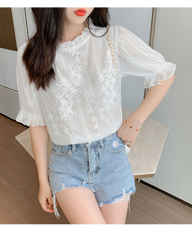 Short Sleeve Embroidery Lace Chiffon Blouse Shirt – Nada Outfit Land
