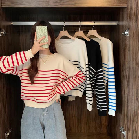 Long Sleeve O-Neck Striped Knitted Sweater – Nada Outfit Land