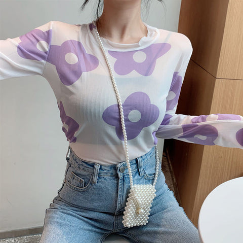 Long Sleeve Kawaii Daisy Mesh Style Shirt