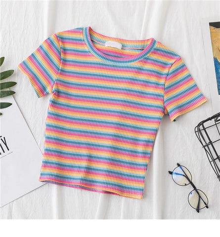 Rainbow Striped Cropped Slim Shirt