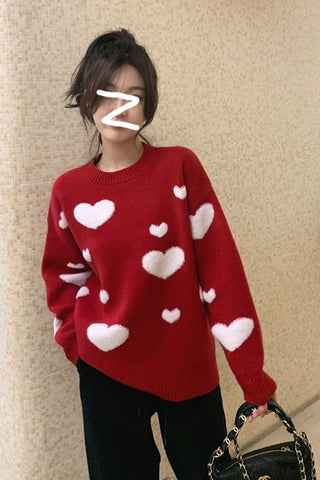 Casual Heart Pattern O-Neck Knitted Sweater
