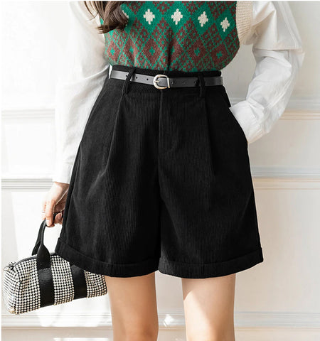 High Waist Retro Loose Corduroy Shorts with Belt