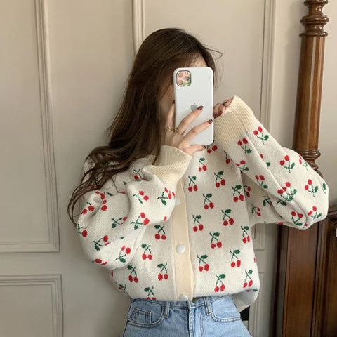 Sweet Cherries Printed Knitted Cardigan Sweater