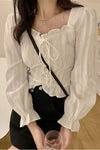 Long Sleeve Lace Tie Cute Blouse Shirts