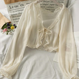 Long Sleeve Lace Bow Transparent Thin Blouse Shirt