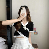 V-Neck Short Sleeve Cropped Slim Shirt