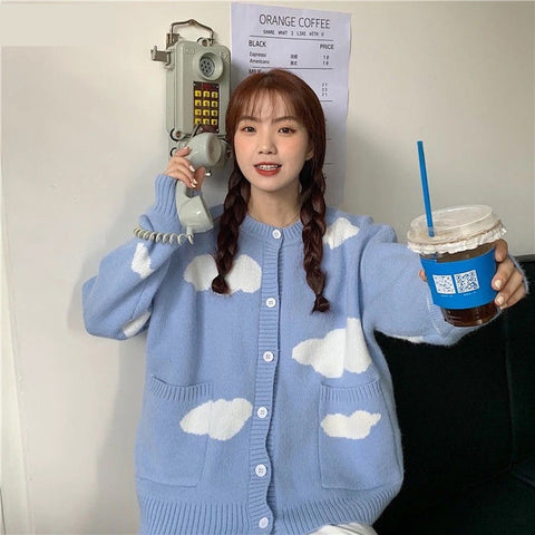 Loose Clouds Pattern Knitted Cardigan Sweater