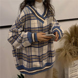 Classic V-Neck Plaid Knitted Loose SweaterClassic V-Neck Plaid Knitted Loose Sweater