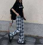 High Waist Blue Plaid Loose Wide Leg Pants