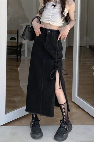 High Waist Ruched Split Long Jeans Skirts
