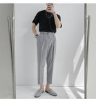 Vintage Elastic Waist Plaid Ankle Length Men Long Pants