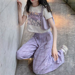 Cute Purple Casual Loose Plaid Pants