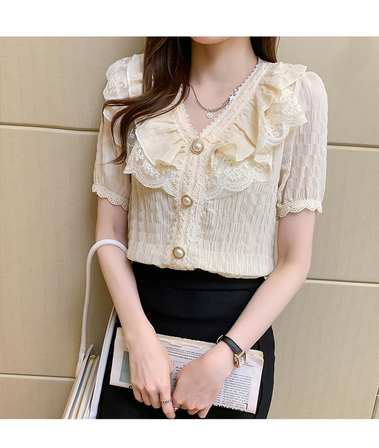 V-Neck French Vintage Ruffle Lace Blouse – Nada Outfit Land