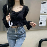 Long Sleeve Lace Tie Cropped Blouse Shirts