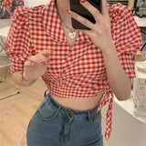 Puff Sleeve Retro Plaid Cropped Slim Shirts