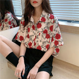 Roses Flower Pattern Short Sleeve Blouse Shirt