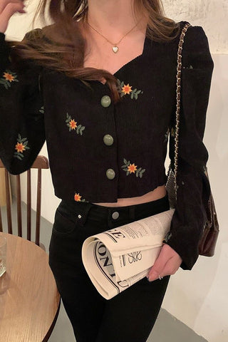 Long Sleeve Flower Pattern Embroidered Cropped Shirt