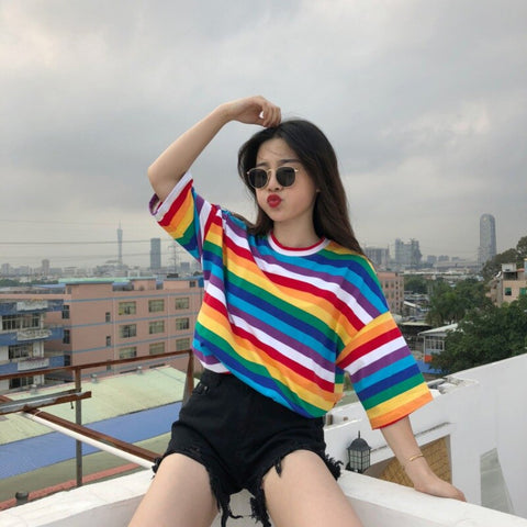 Rainbow Stripe Casual Short Sleeve Shirt – Nada Outfit Land