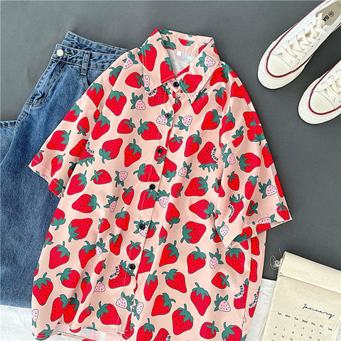 Cute Strawberry Printed Short Sleeve Blouse Shirt – Nada Outfit Land