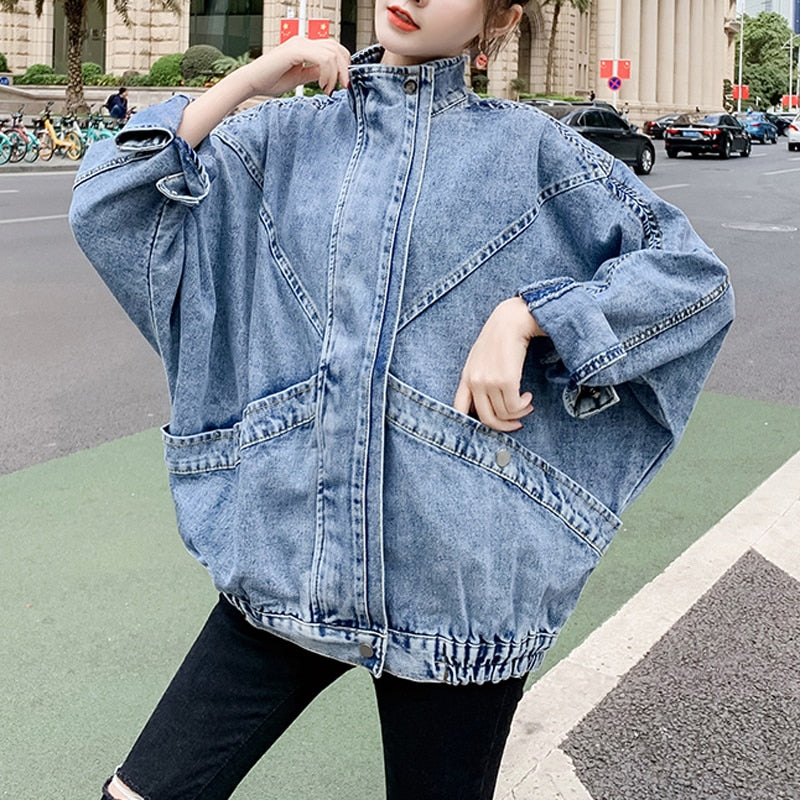 High Collar Loose Denim Jeans Jacket – Nada Outfit Land