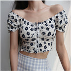 Black Daisy Puff Sleeve Sexy Cropped Shirt