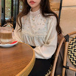 Long Sleeve Lace Stand Collar Floral Embroidery Shirt
