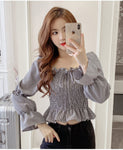 Long Sleeve Plaid Sexy Square Collar Bow Crop Tops