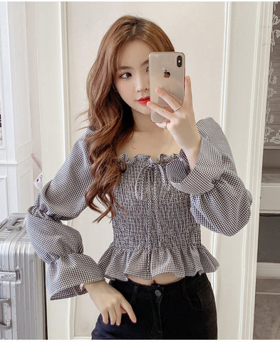 Long Sleeve Plaid Sexy Square Collar Bow Crop Tops – Nada Outfit Land