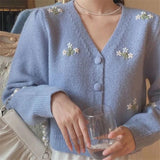 V Neck Floral Embroidered Knitted Cardigan Sweater