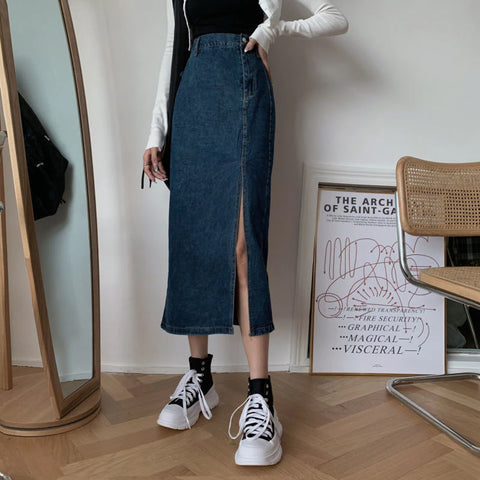 High Waist Side Slit Mid Length Denim Skirt