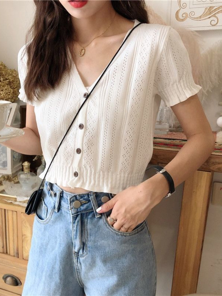 V-Neck Hollow Out Cropped Slim Shirts – Nada Outfit Land